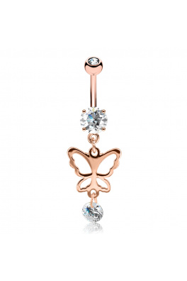 Ocelový piercing pozlacený 14k růžovým zlatem - motýl 