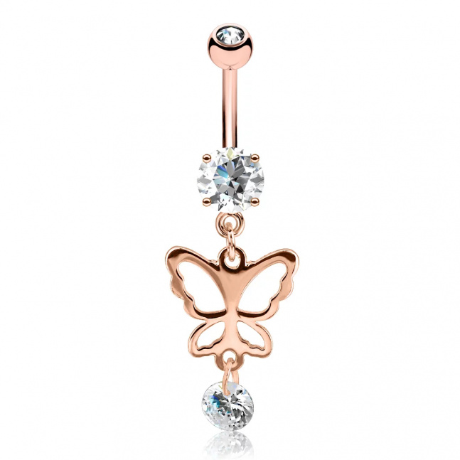 Ocelový piercing pozlacený 14k růžovým zlatem - motýl 