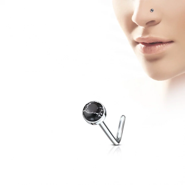  Zahnutý piercing do nosu s polodrahokamy - černý achát 