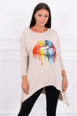 Blouse oversize with rainbow lips print beige