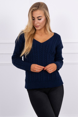 Braided sweater with V-neck navy blue