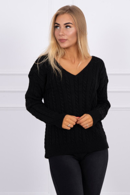 Braided sweater with V-neck black