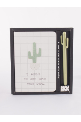 Zápisník a pero s bílým kaktusovým vzorem