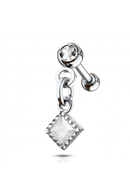 Ocelový piercing do ucha - visací čtverec opál