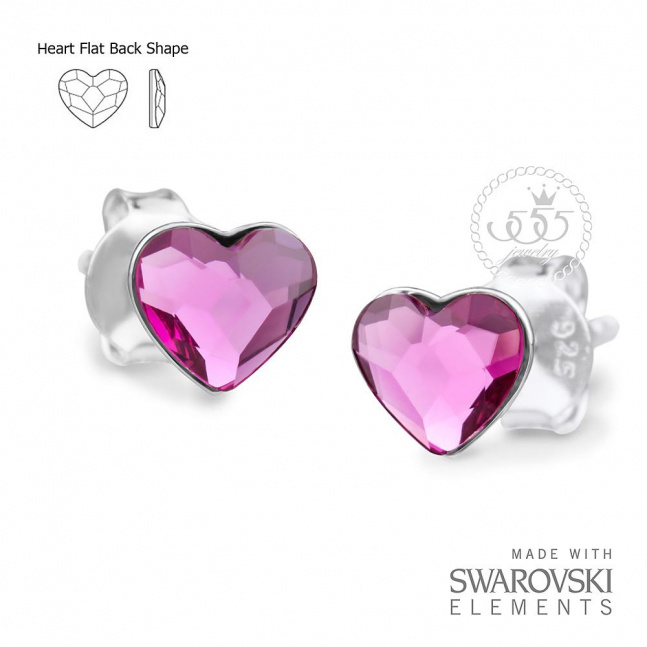 Stříbrné náušnice s kamenem Swarovski - fuchsia srdíčko