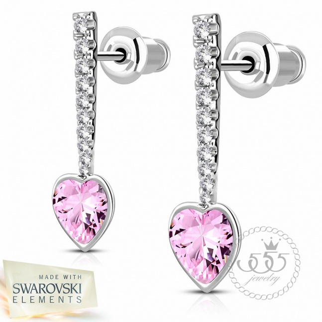 Stříbrné visací náušnice Swarovski růžové srdíčko
