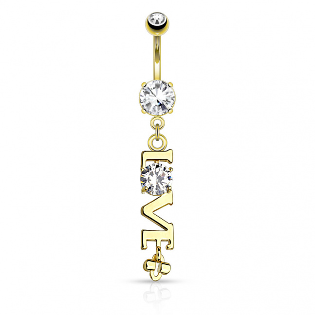 Pravým 14kt zlatem, zlacený piercing do pupíku z chirurgické oceli - love