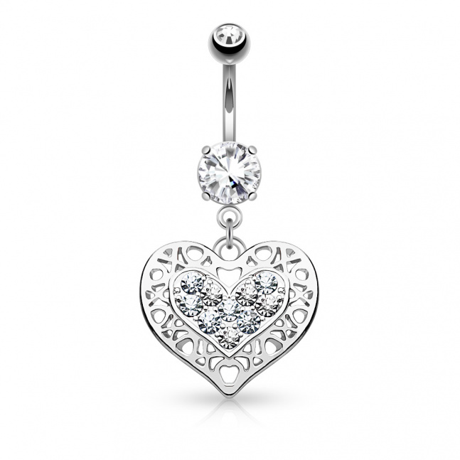 Rhodiovaný piercing do pupíku - heart nad crystal