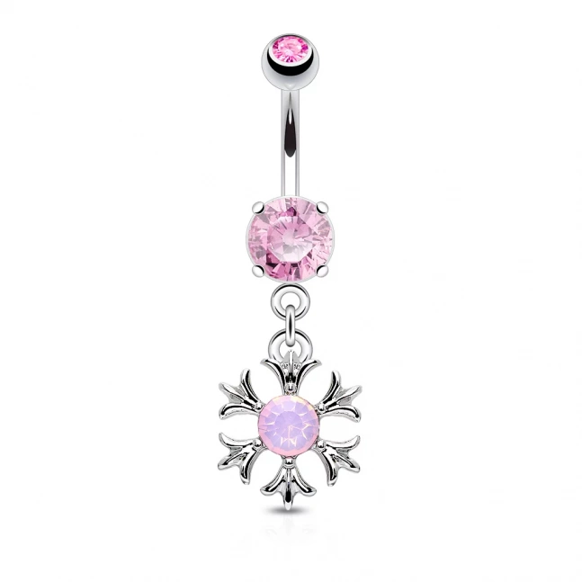 Piercing do pupíku chirurgická ocel - slunce s růžovým opálem