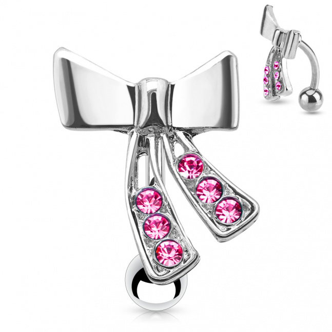 Piercing do pupíku - mašle s růžovými zirkony
