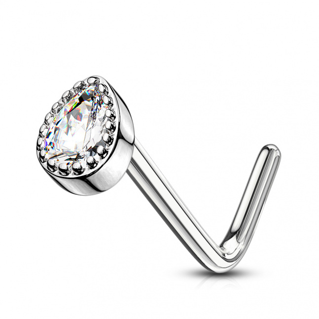 Zahnutý, rhodiovaný piercing do nosu - čirá kapka