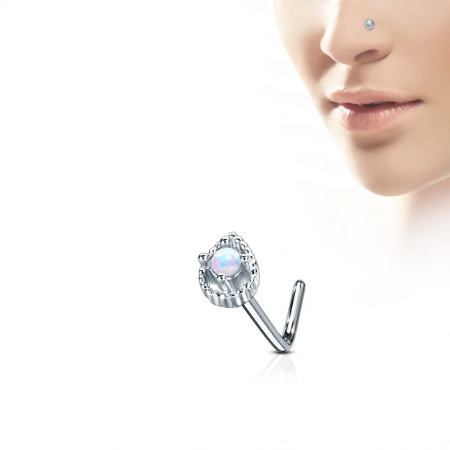Rhodiovaný piercing do nosu - bílý syntetický opál