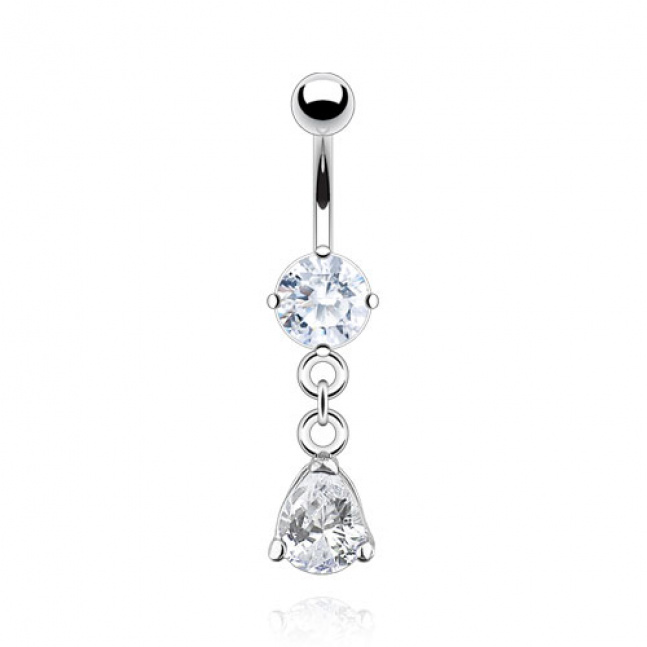 Rhodiovaný piercing do pupíku - oválný krystal