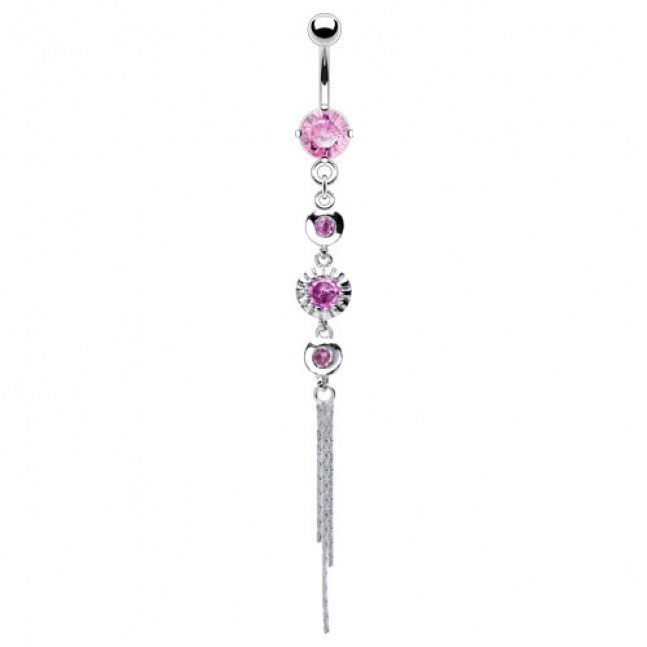 Rhodiovaný piercing do pupíku chirurgická ocel - třásně II