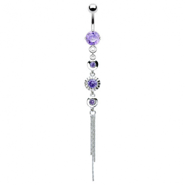 Rhodiovaný piercing do pupíku chirurgická ocel - třásně III