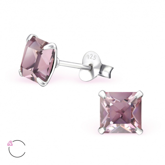 Stříbrné náušnice lila čtverec s kamenem Swarovski