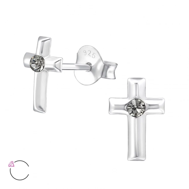 Náušnice stříbrné - křížek s černým crystalem Swarovski
