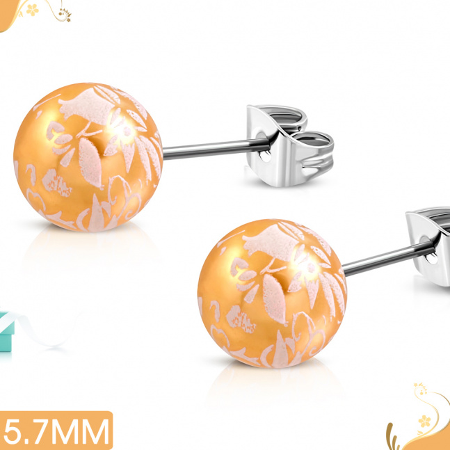 Náušnice z chirurgické oceli - oranžové s bílými květy