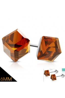 Náušnice z oceli kostky - hnědo oranžová 6mm