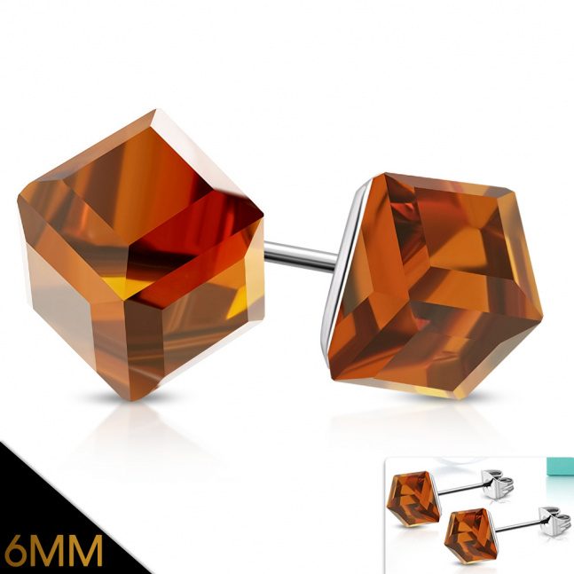 Náušnice z oceli kostky - hnědo oranžová 6mm