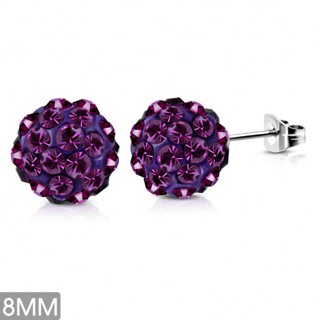 Náušnice z oceli pecky -shamballa tmavě fialové 8mm