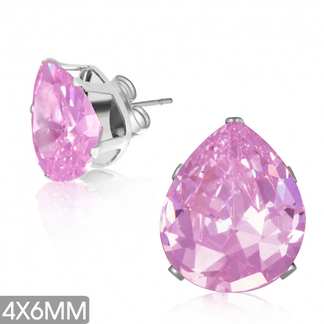 Ocelové náušnice kapky s růžovým zirkonem - 4x6mm