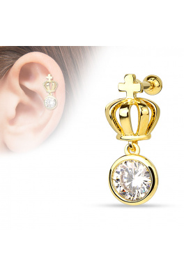 Luxusní, pravým zlatem pozlacený piercing do ucha z chirurgické oceli - korunka 