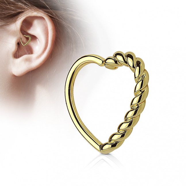 Ocelový piercing do ucha - srdce ve zlaté barvě