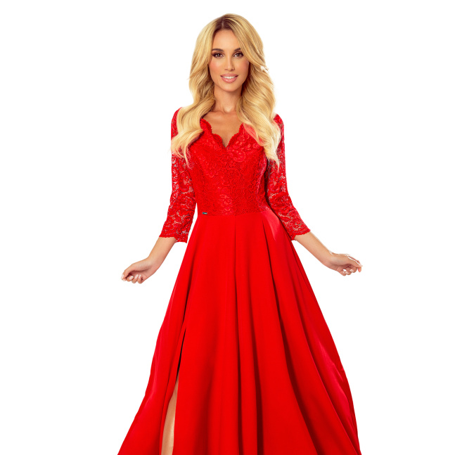 Elegantní dlouhé šaty s krajkovým výstřihem Numoco AMBER - červené