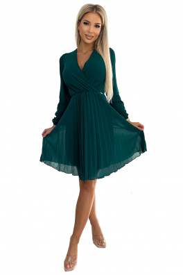 Plisované šifonové šaty s dlouhými rukávy a výstřihem Numoco ISABELLE - zelené