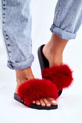 Women's Slides With Natural Fur Red Bushido