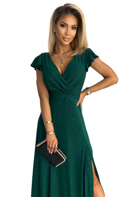 Dámské třpytivé dlouhé šaty s výstřihem CRYSTAL - zelené