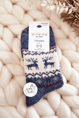 Dámské vánoční vlněné ponožky se vzorem sobů námořnická modrá