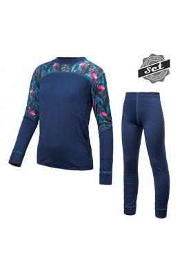 SENSOR MERINO IMPRESS SET dětský triko dl.rukáv + spodky deep blue/floral velikost 110