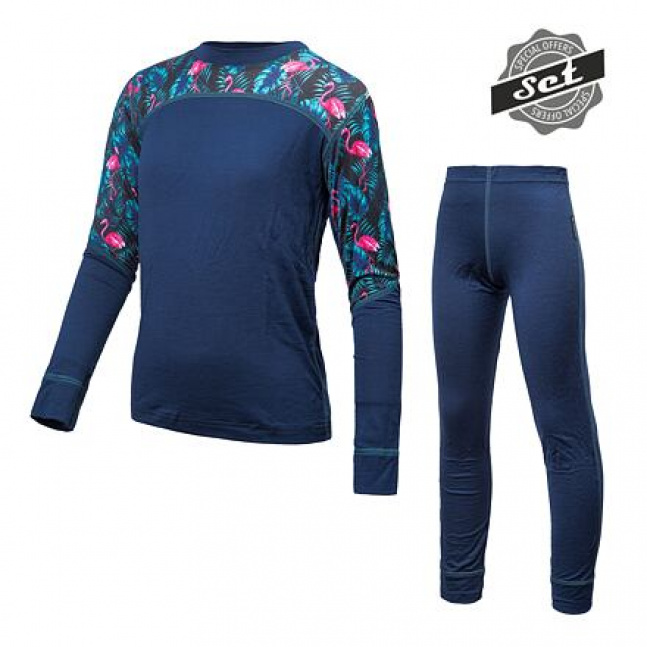 SENSOR MERINO IMPRESS SET dětský triko dl.rukáv + spodky deep blue/floral velikost 120