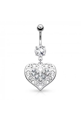 Rhodiovaný piercing do pupíku - heart nad crystal