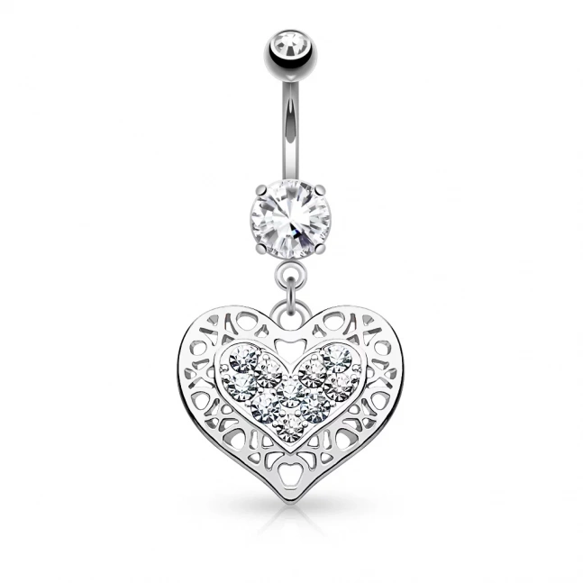 Rhodiovaný piercing do pupíku - heart nad crystal