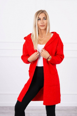 Obyčejný svetr s kapucí a kapsami červené barvy