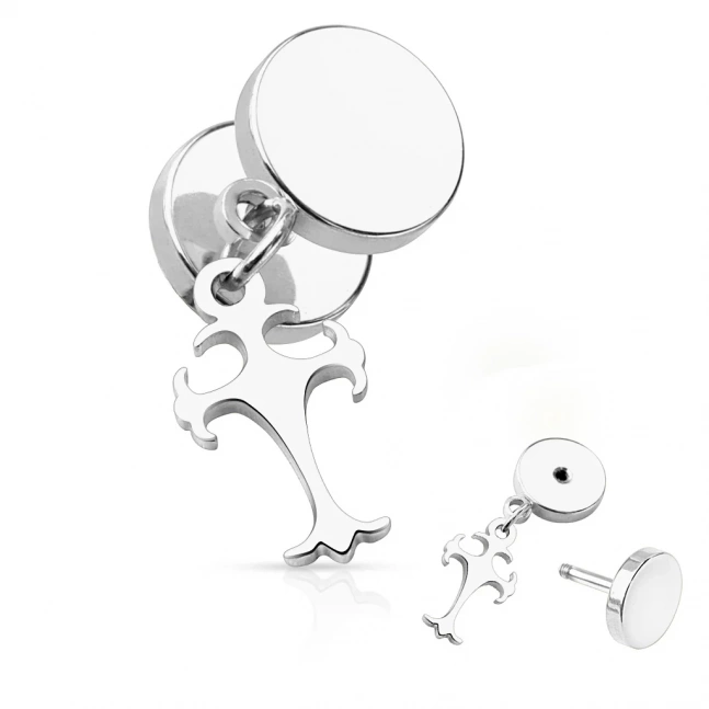 Falešný piercing  z chirurgické oceli - plug s křížkem