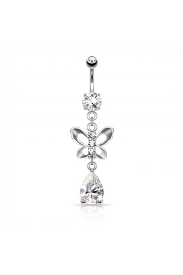 Piercing do pupíku s rhodiovaným povrchem - motýlek se zirkonem