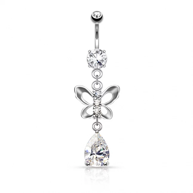 Piercing do pupíku s rhodiovaným povrchem - motýlek se zirkonem