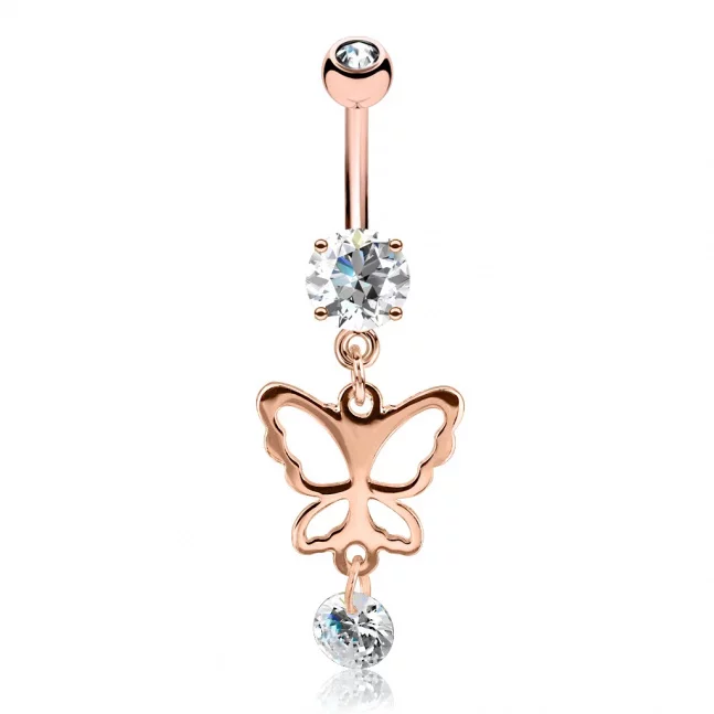 Ocelový piercing pozlacený 14k růžovým zlatem - motýl 
