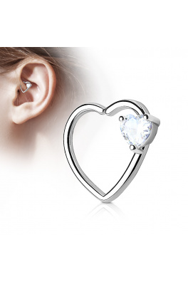 Ocelový piercing do levého ucha - srdce s čirým kamínkem