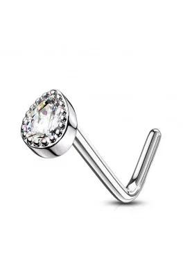 Zahnutý, rhodiovaný piercing do nosu - čirá kapka