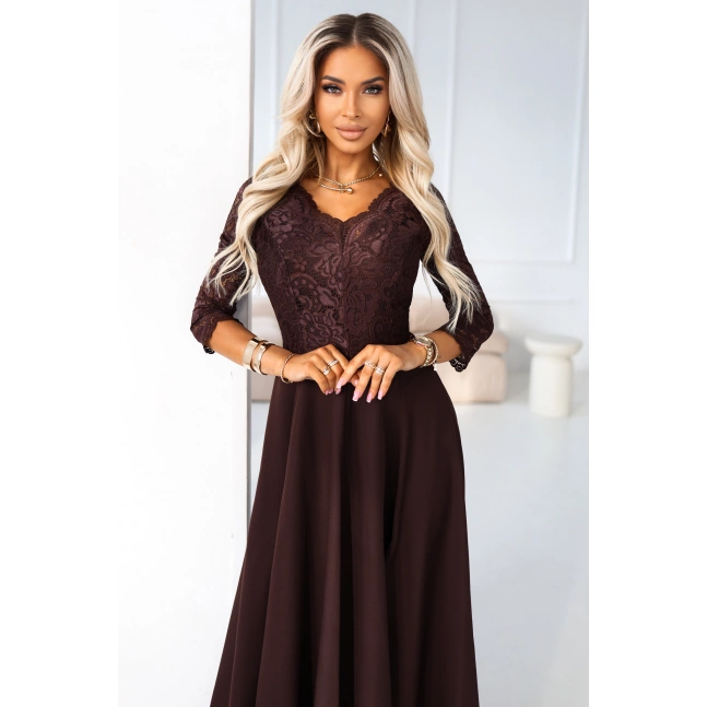 309-14 AMBER elegancka długa koronkowa suknia z dekoltem - czekolada 309-14 AMBER elegancka długa koronkowa suknia z dekoltem - czekolada