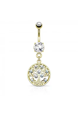 Luxusní piercing do pupíku s pozlaceným povrchem - strom života 