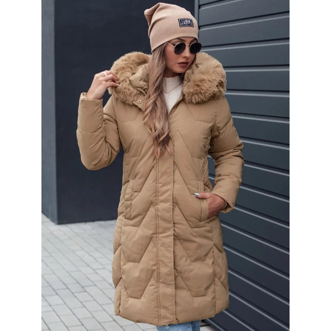 Dámská zimní bunda VEONI dlouhá prošívaná s kapucí světle béžová Dstreet TY4718