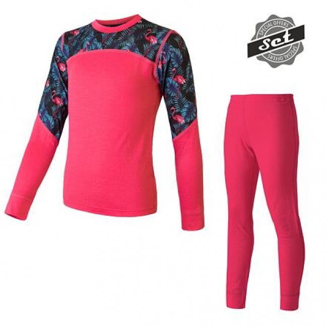 SENSOR MERINO IMPRESS SET dětský triko dl.rukáv + spodky magenta/floral velikost 150