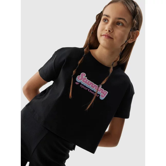 Dívčí tričko crop top z organické bavlny 4F - černé