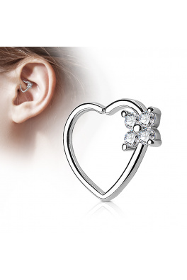 Ocelový piercing do levého ucha - srdce s kamínkem květ